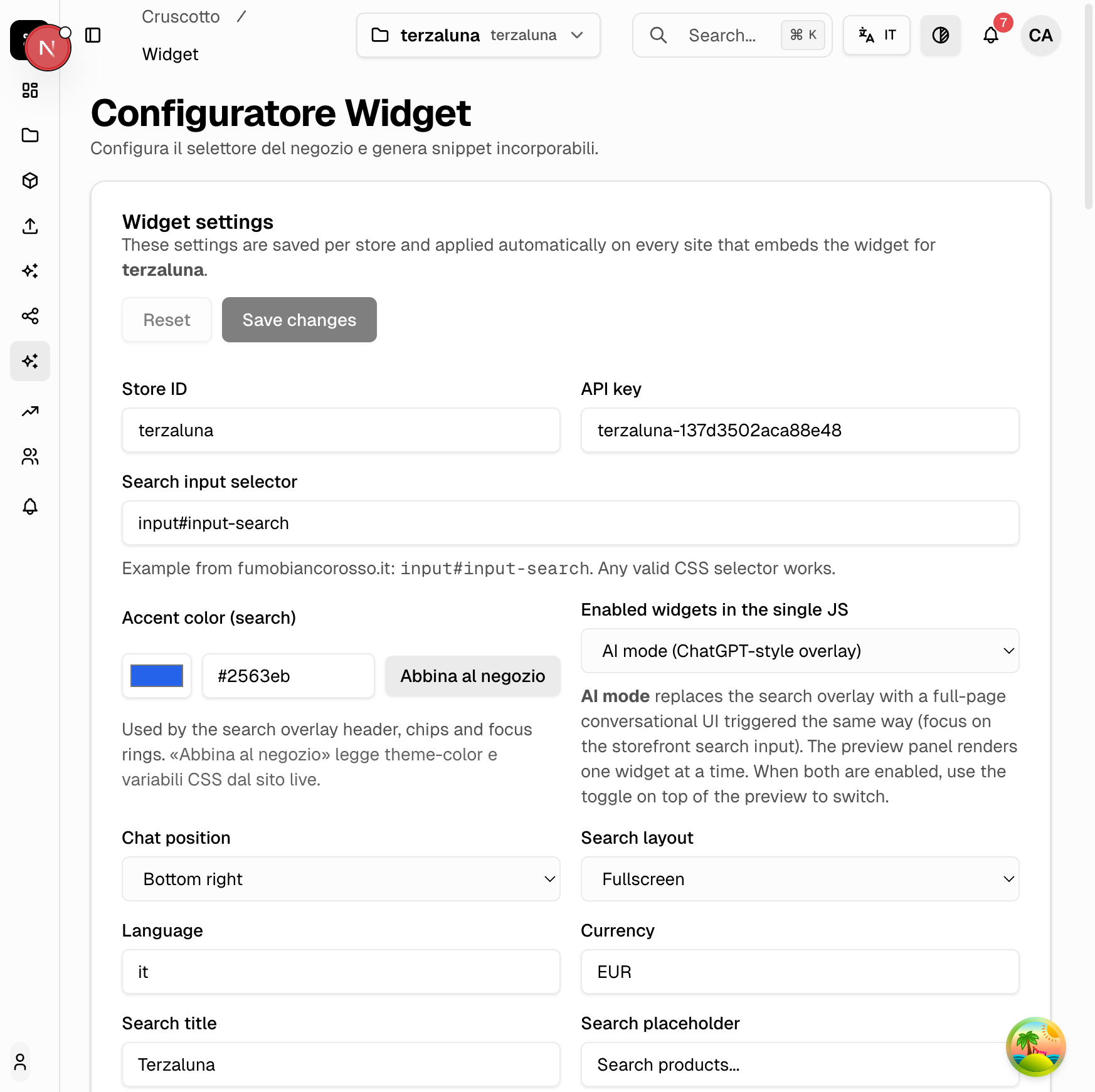 Configuratore widget della dashboard CIL con anteprima live