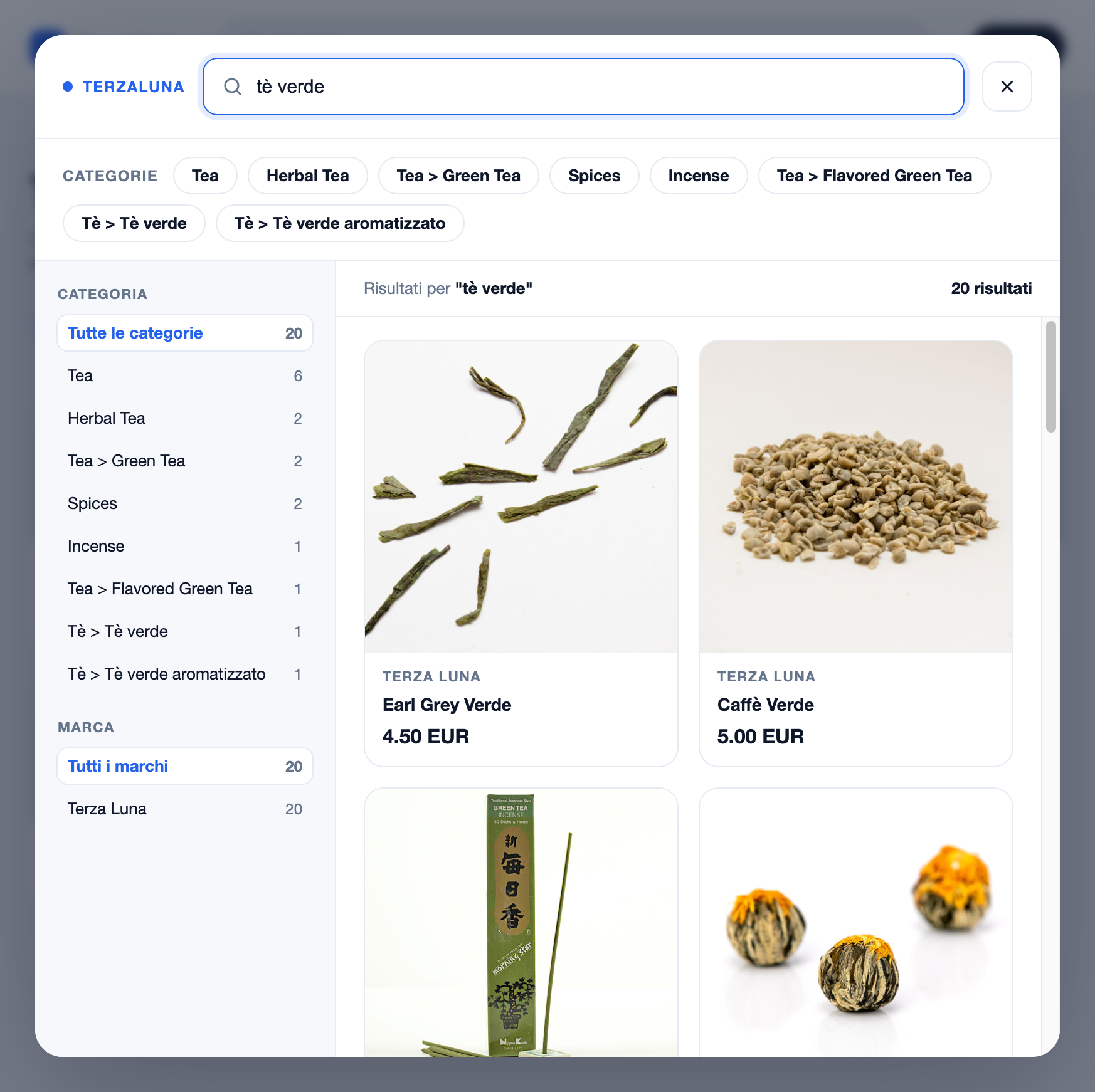 Overlay di ricerca CIL aperto sopra uno storefront demo